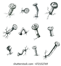 Vector collection of hand drawn old nails and screws. Engraving style.