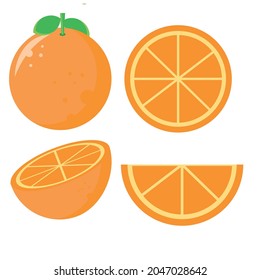 Vector collection of hand drawn orange. Set of color sketches with pieces of fruit. Drawings of branches and leaves. Engraving style. For packaging design, advertising, menus, recipe magazines.