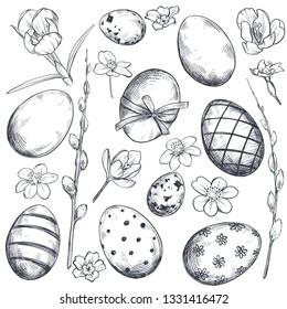 Vector collection of hand drawn ornate eggs and spring flowers. Realistic sketch set in black and white colors. Easter illustration