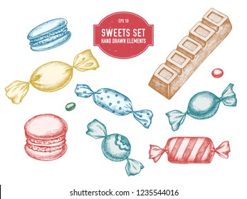 Vector collection of hand drawn pastel macaron, bar, candies