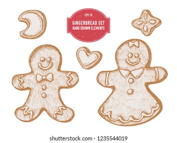 Vector collection of hand drawn pastel gingerbread, gingerbread men