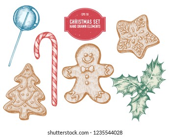 Vector collection of hand drawn pastel gingerbread men, gingerbread, lollipop, holly