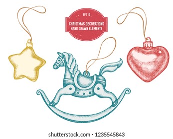 Vector collection of hand drawn pastel decorations, toy horse