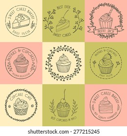 Vector collection of hand drawn pastry badges. Beautiful vector graphics for pastry shops, cafes or any business related to the catering. Icons, badges and labels design. Hand drawn elements.