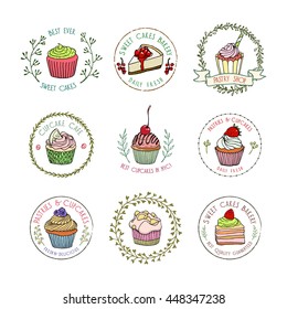 Vector collection of hand drawn pastry badges. Beautiful vector graphics for pastry shops, coffee houses, cafes or any other business related to the catering. Icons and labels design. 