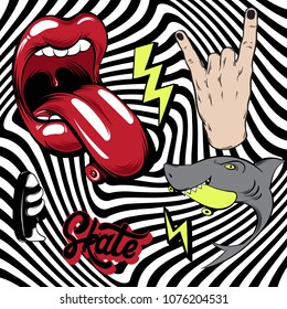 Vector collection of hand drawn pins. Sketch of mouth, rock hand, lightening, shark, sneakers. Template for card, poster, banner, print for t-shirt, flash tattoo, badge and patch. 