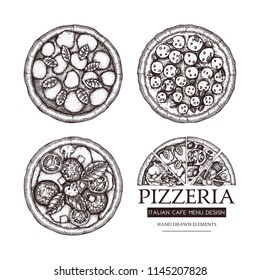 Vector collection of hand drawn Pizza 
with slice sketches. Vector Italian food drawing. Engraving style Fast food illustrations for cafe or pizzeria menu design. 
