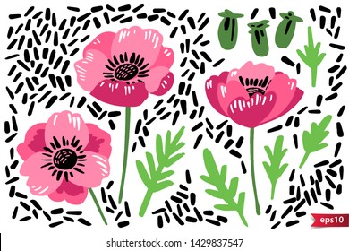 Vector collection of hand drawn plants. Botanical set of colorful doodle style flowers, leaves and branches. Pink anemon elements set for design.