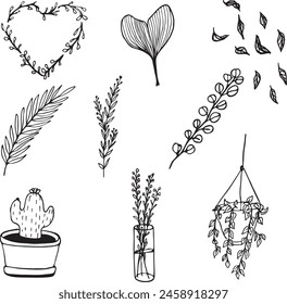 Vektorgrafik Kollektion von handgezogenen Pflanzen. Botanischer Satz von Skizzenblumen und Zweigen.