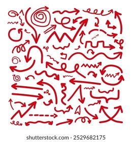 Vector collection of hand drawn red arrows, signs, directions.