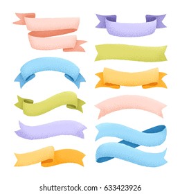 Vector collection of hand drawn ribbon with grain effect. Isolated banner, label, badge, border set for greeting, invitation, wedding cards, logo and prints