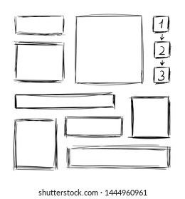 Vector Collection of Hand Drawn Scribble Square Frames, Steps with Arrows Scheme, Design Element Set Isolated on White Background, Pen Freehand Drawings.