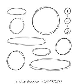 Vector Collection of Hand Drawn Scribble Circle Frames, Steps with Arrows Scheme, Design Element Set Isolated on White Background, Pen Freehand Drawings.