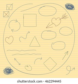 Vector collection of hand drawn scribbles, arrows, mark squares and hearts symbols. Set of 23 signs in children's drawing style on yellow backdrop. Fully editable file for your projects.