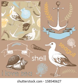 Vector collection of  hand drawn sea illustrations and engraved design elements Vintage seamless background.