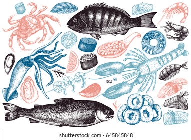 Vector collection of  hand drawn Seafood illustration - fresh fish, lobster, crab, oyster, mussel, squid ring, caviar, sushi. Vintage food sketch set. Menu template