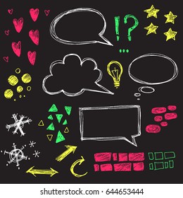 Vector collection of hand drawn sketchy elements. Speech bubbles, star, heart, snowflake. Modern decor. Grunge elegant illustration.