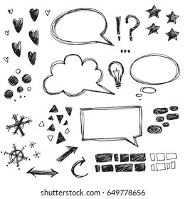 Vector collection of hand drawn sketchy elements. Speech bubbles, star, heart, snowflake. Modern docor. Grunge elegant illustration.