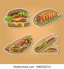 Vector collection of hand drawn stickers and pins with meal. Fast food icons
