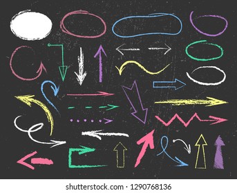 Vector collection of hand drawn strokes, arrows, circes and frames. vector color chalk drawings on blackboard background.