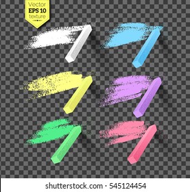 Vector collection of hand drawn strokes and pieces of colored chalks with shadow isolated on transparency background.