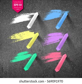Vector collection of hand drawn strokes and pieces of colored chalks with shadow isolated on asphalt texture background.