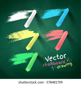 Vector collection of hand drawn strokes and pieces of colored chalks with shadow isolated on green blackboard texture background.