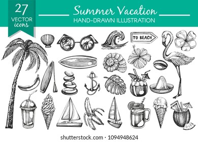 Vector collection with hand drawn summer elements