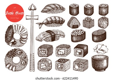 Vector collection of hand drawn sushi roll illustrations. Vintage set of 
asian food sketch on white background. Seafood Restaurant menu design