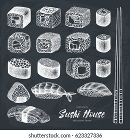 Vector collection of hand drawn sushi roll illustrations. Vintage set of asian food sketch on chalkboard. Restaurant menu poster design