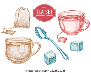 Vector collection of hand drawn tea stuff