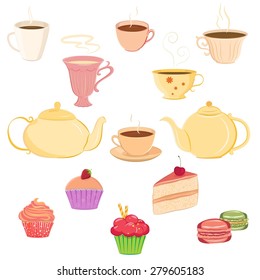 Vector collection of hand drawn teacups, teapots and sweets. Unique and elegant set for website, digital scrapbook and cafe or restaurant design. Separate elements could be used as icons - Shutterstock ID 279605183