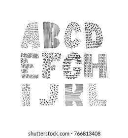 Vector collection with hand drawn textured letters sequence from A to L. Educational set.