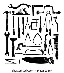 Vector collection of hand drawn hand tools used by carpenters. Beautiful design elements, ink drawing. Perfect for any industry related to the woodworking.