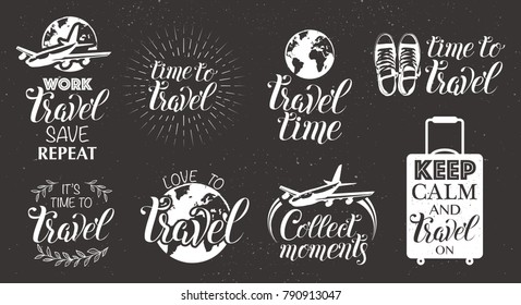 Vector collection of hand drawn travel icons. Handwritten lettering Time to travel. Label vector illustration