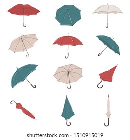 Vector collection of hand drawn umbrella from different angles in sketch style. Colorful parasols set.