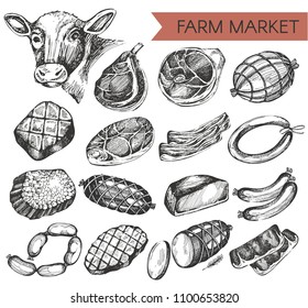 Vector collection with hand drawn veal meat