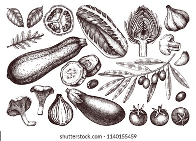 Vector Collection of  Hand drawn vegetables, spices, mushroomes sketches. Healthy Food illustration set.  Vintage Farm fresh products and ingredients. Autumn harvest drawings.