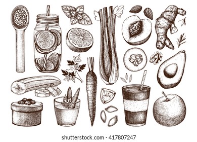 Vector collection of hand drawn vegetarian food illustration. Organic products sketch set. Healthy menu elements. Vintage diet drawings