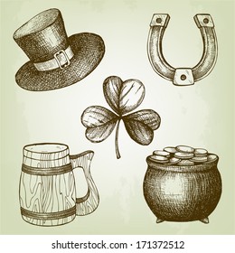 Vector collection of hand drawn vintage illustrations for St. Patrick's day on aged background