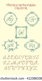 Vector collection of hand drawn vintage frames and classic script font. Vector design kit to create beautiful vintage monograms.