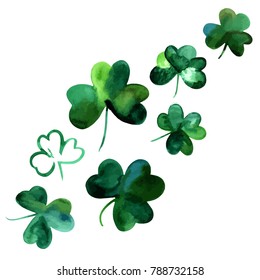 A vector collection of hand drawn watercolour shamrocks, isolated on a white background, design elements for St Patrick's Day cards