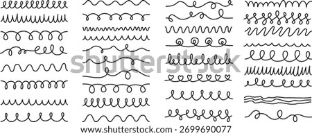 Vector collection of hand drawn wavy lines, curly and looped doodle strokes created as pattern brushes for Illustrator. Perfect for modern design projects, invitations, greeting cards, scrapbooking