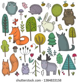 Vector collection of hand drawn wild forest animals. Set for cards, invitations, baby shower, preschool and children room decoration