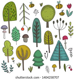 Vector collection of hand drawn wild forest trees, plants, flowers, mushrooms. Set for cards, invitations, baby shower, preschool and children room decoration