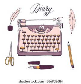 The vector collection of hand drawn writing tools. Typewriter, feather, ink, pen, pencil. Doodle. Sketch.