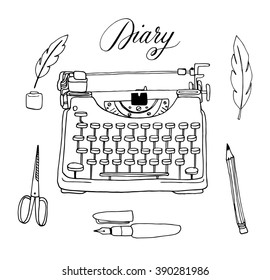 The vector collection of hand drawn writing tools. Typewriter, feather, ink, pen, pencil. Doodle. Sketch.