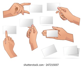 Vector collection hand hold blank business cards   isolated mockup