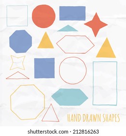 Vector - collection of hand illustrated geometric shapes. In two styles: solid and outline. Include crumbled vector paper texture too.