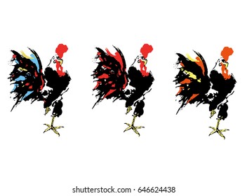 a vector collection of hand painted roosters in traditional oriental painting style sumi-e; asian drawing; isolated on white background